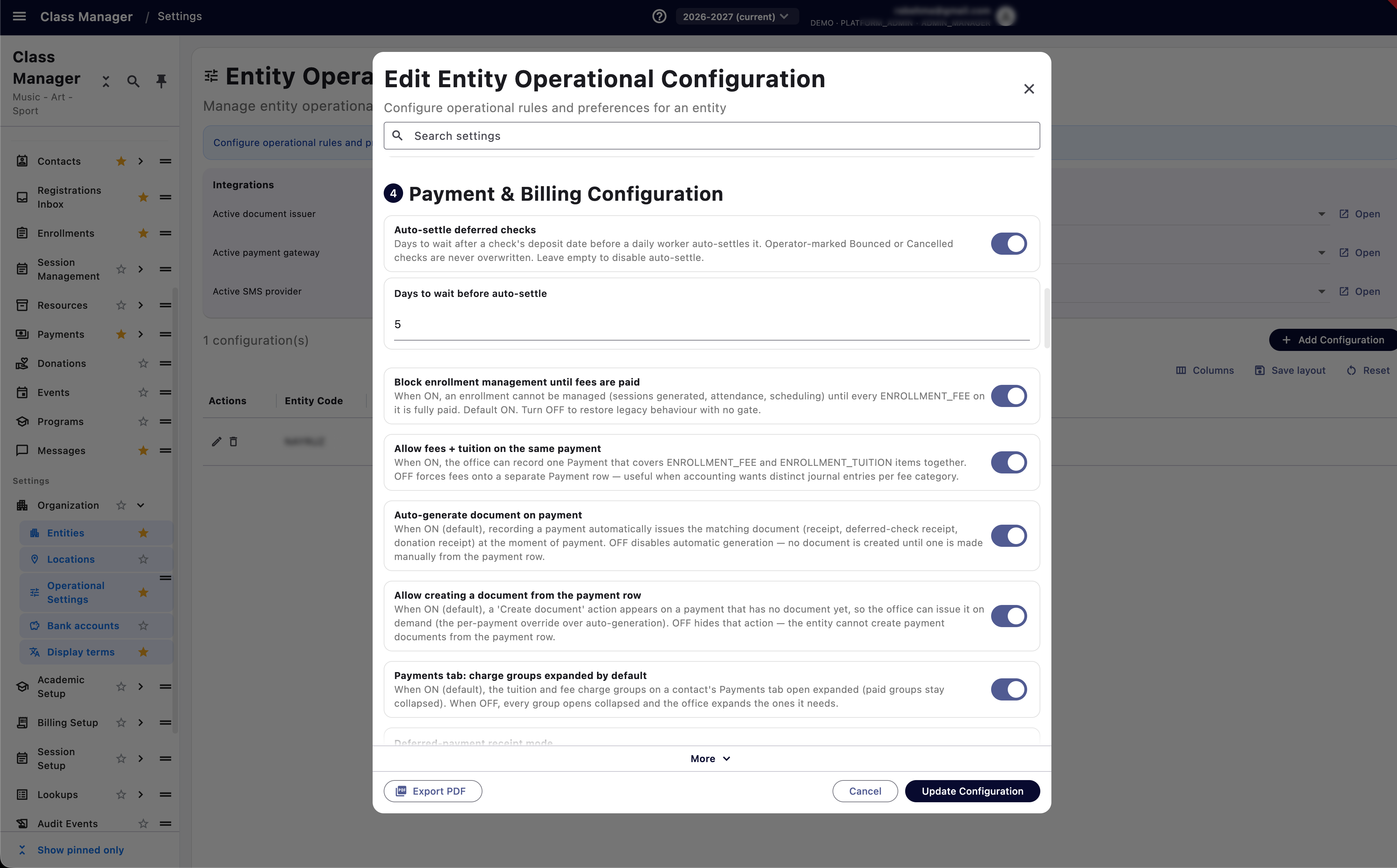 Operational settings